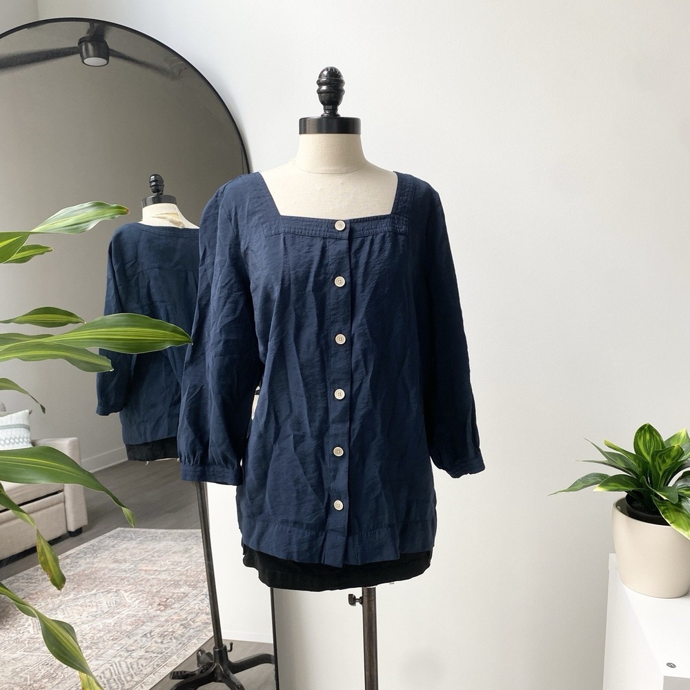 J.Jill Solid Navy Square‎ Neck Full Button Blouse Women's Size  Small Minimalist